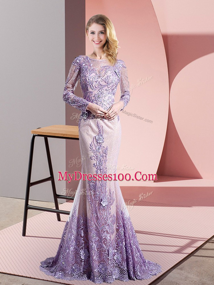 Tulle Scoop Long Sleeves Sweep Train Zipper Beading and Appliques Prom Evening Gown in Lavender