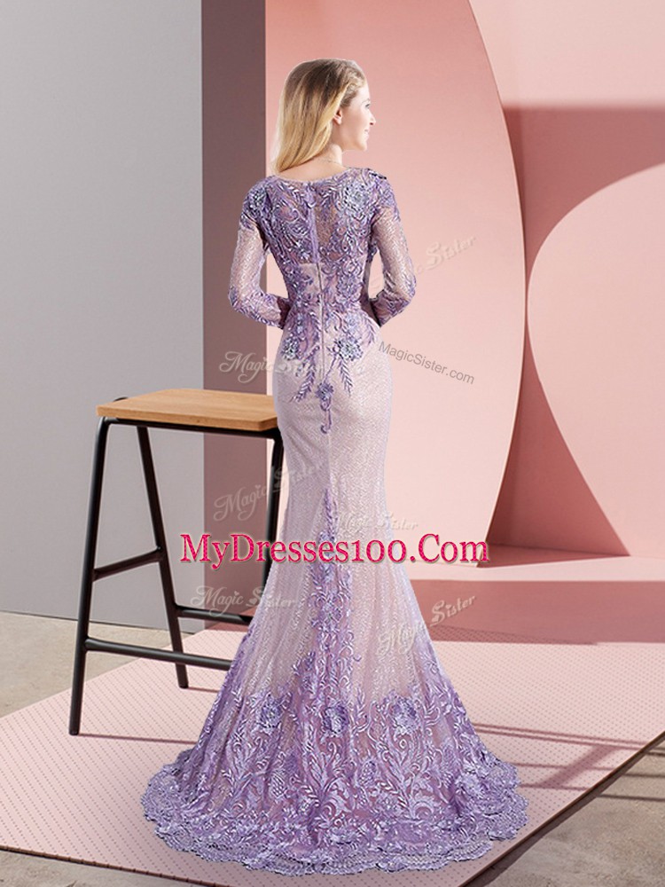 Tulle Scoop Long Sleeves Sweep Train Zipper Beading and Appliques Prom Evening Gown in Lavender