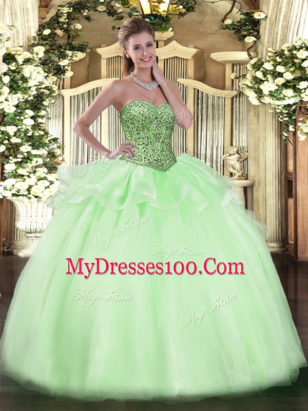 Shining Apple Green Sweetheart Neckline Beading and Ruffles Ball Gown Prom Dress Sleeveless Lace Up