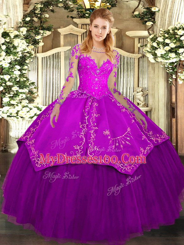 Decent Purple Scoop Neckline Lace and Embroidery Vestidos de Quinceanera Long Sleeves Lace Up