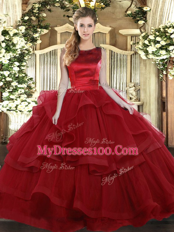 Romantic Wine Red Tulle Lace Up Scoop Sleeveless Floor Length Quinceanera Dresses Ruffled Layers