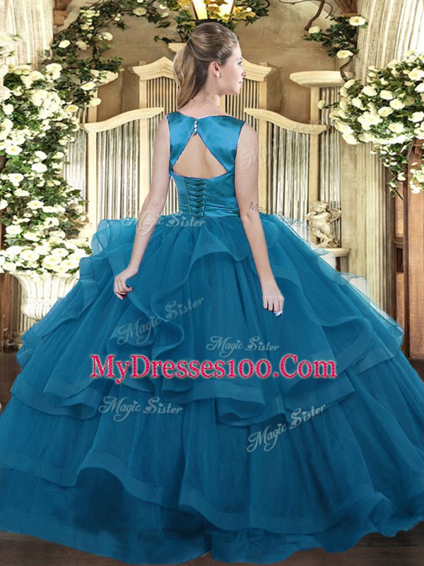 Romantic Wine Red Tulle Lace Up Scoop Sleeveless Floor Length Quinceanera Dresses Ruffled Layers