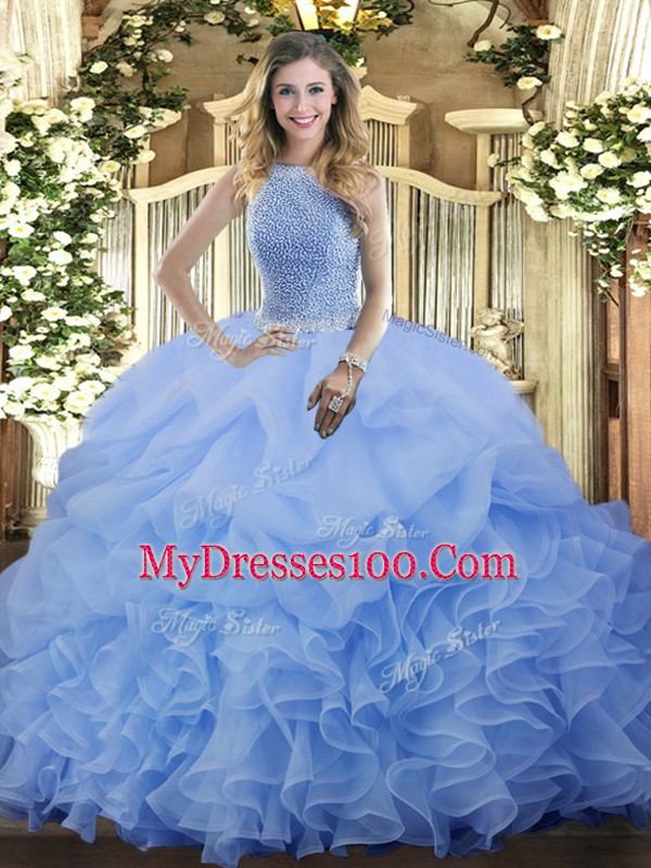 Great Blue Sleeveless Floor Length Beading and Ruffles and Pick Ups Lace Up Quinceanera Dress
