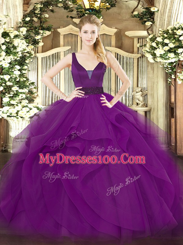Colorful Purple Zipper Straps Beading and Ruffles Sweet 16 Quinceanera Dress Tulle Sleeveless
