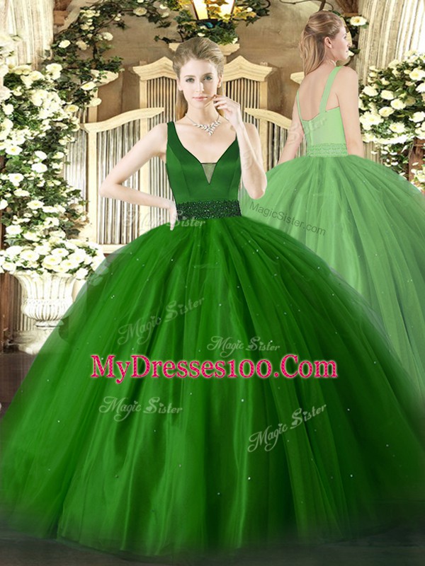 Green Straps Neckline Beading Quinceanera Gowns Sleeveless Zipper