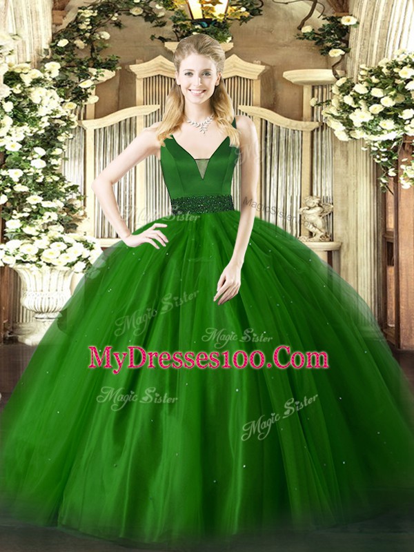 Green Straps Neckline Beading Quinceanera Gowns Sleeveless Zipper