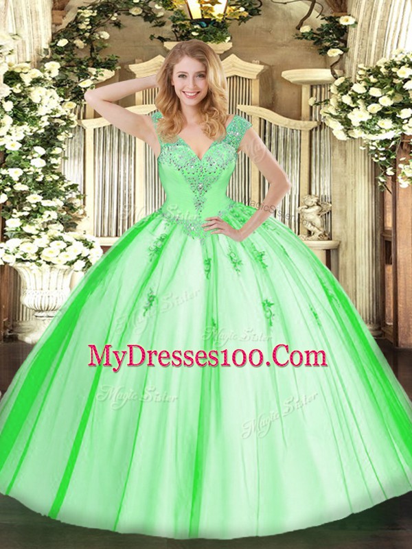 Wonderful V-neck Sleeveless Ball Gown Prom Dress Floor Length Beading Tulle