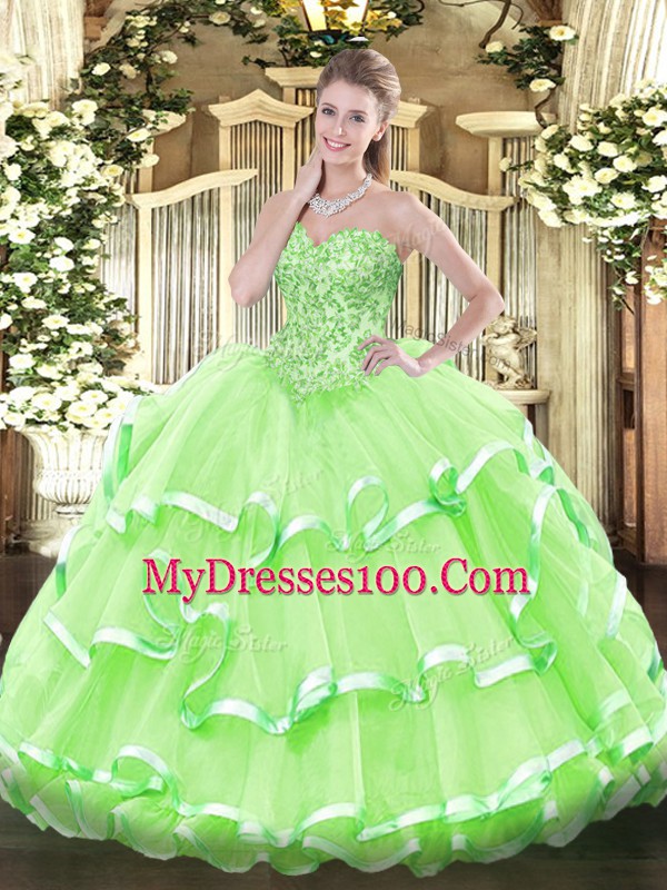 Floor Length Quinceanera Dress Organza Sleeveless Appliques and Ruffled Layers