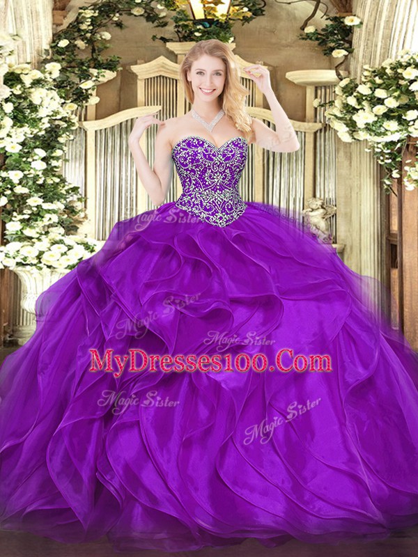 Graceful Floor Length Eggplant Purple 15th Birthday Dress Organza Sleeveless Beading and Ruffles