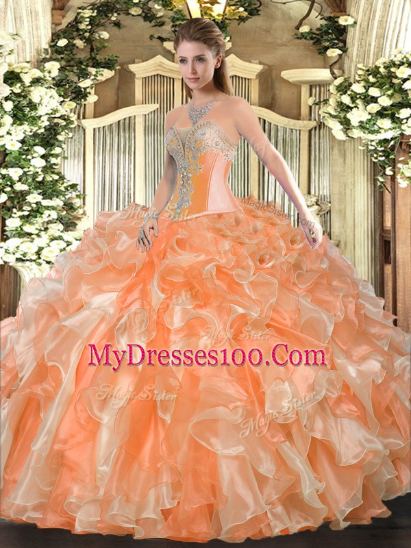 Beading and Ruffles Quinceanera Dresses Orange Lace Up Sleeveless Floor Length