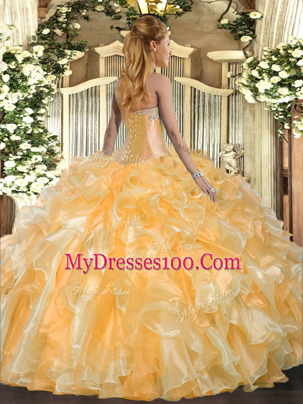 Beading and Ruffles Quinceanera Dresses Orange Lace Up Sleeveless Floor Length