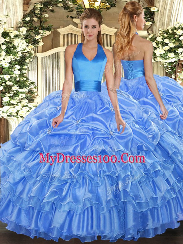 Excellent Sleeveless Floor Length Ruffled Layers and Pick Ups Lace Up Quinceanera Dresses with Baby Blue