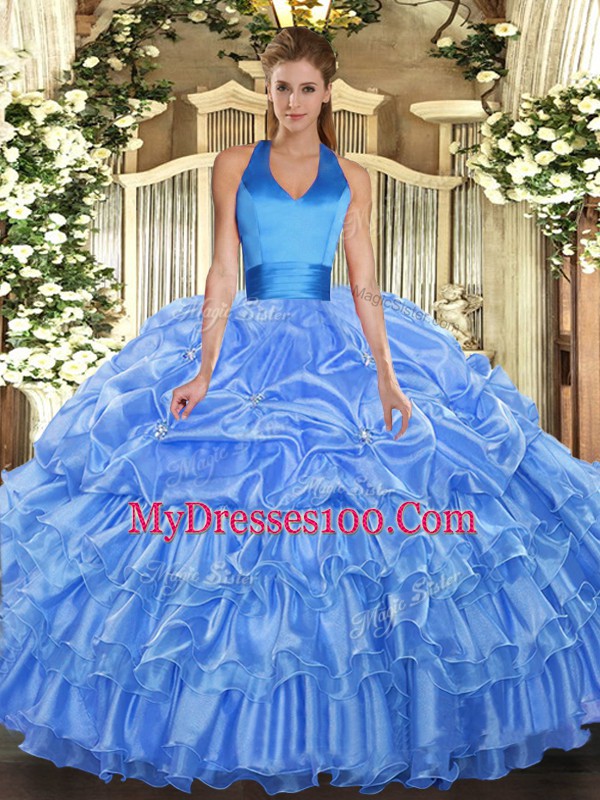 Excellent Sleeveless Floor Length Ruffled Layers and Pick Ups Lace Up Quinceanera Dresses with Baby Blue