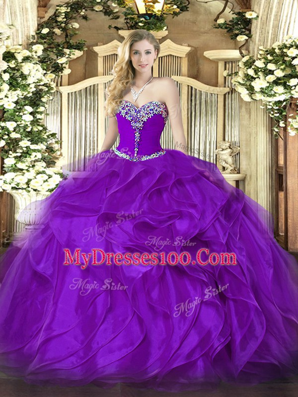 Fantastic Purple Organza Lace Up Ball Gown Prom Dress Sleeveless Floor Length Beading and Ruffles