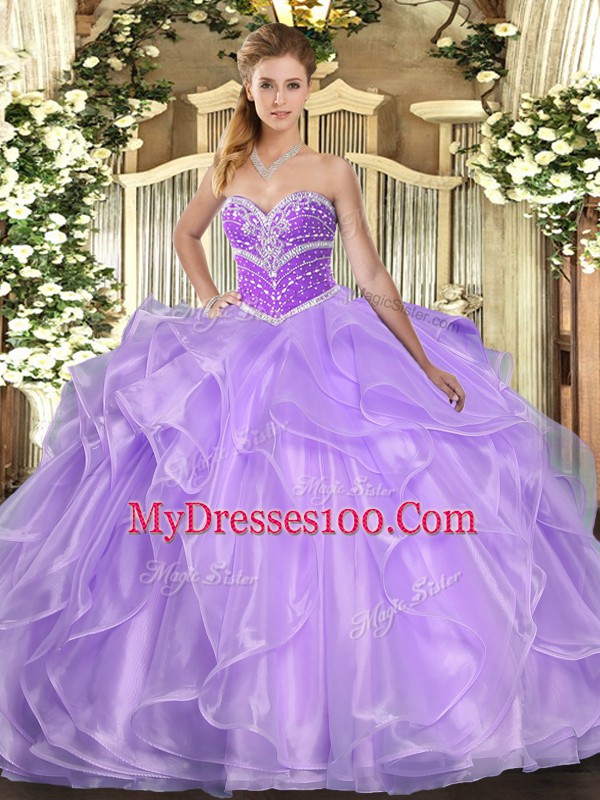 Glittering Sweetheart Sleeveless Organza Sweet 16 Dresses Beading and Ruffles Lace Up