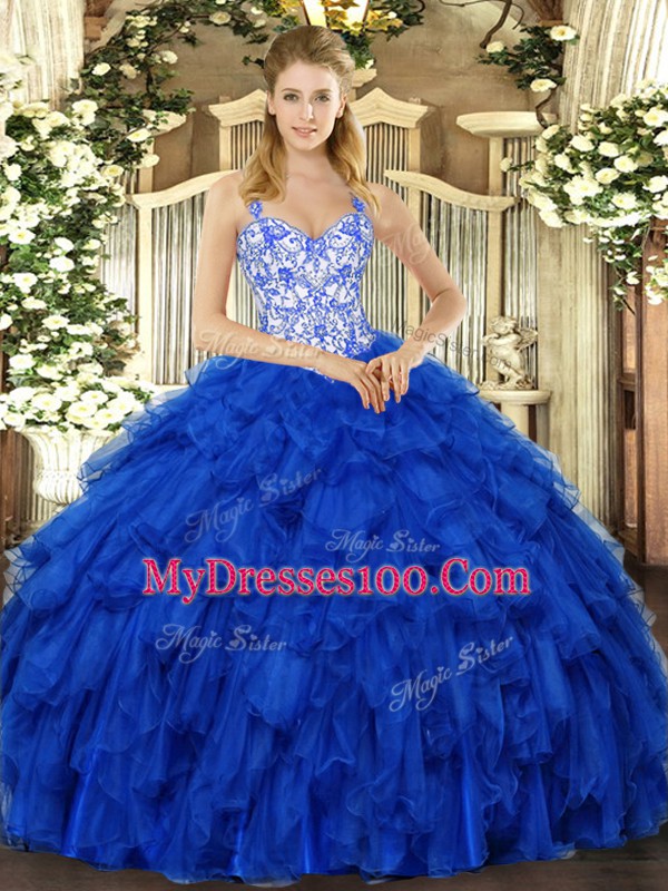 Exceptional Royal Blue Ball Gowns Straps Sleeveless Organza Floor Length Lace Up Beading and Ruffles 15th Birthday Dress