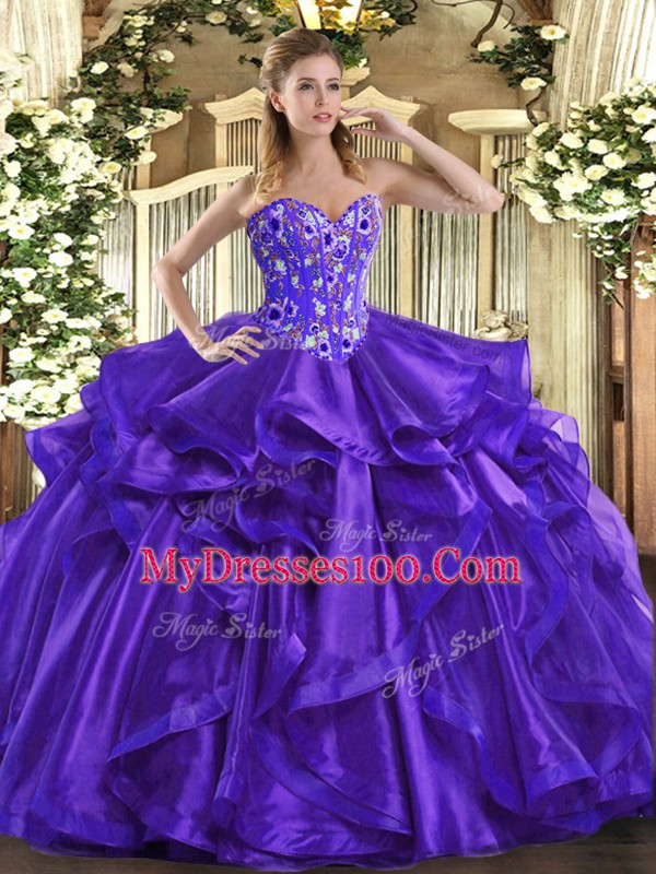 Fabulous Purple Sweetheart Neckline Embroidery and Ruffles Sweet 16 Dresses Sleeveless Lace Up