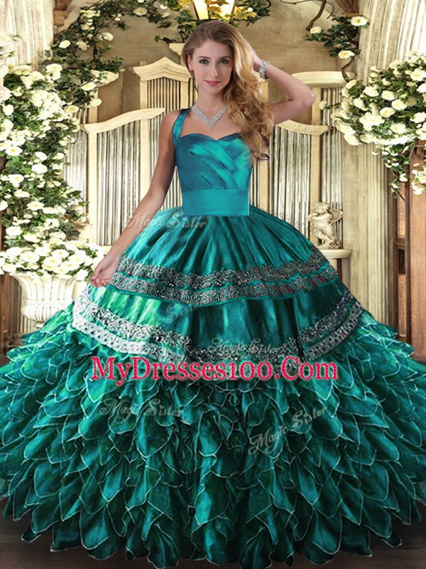 Trendy Halter Top Sleeveless Quinceanera Dress Floor Length Embroidery and Ruffles Turquoise Organza