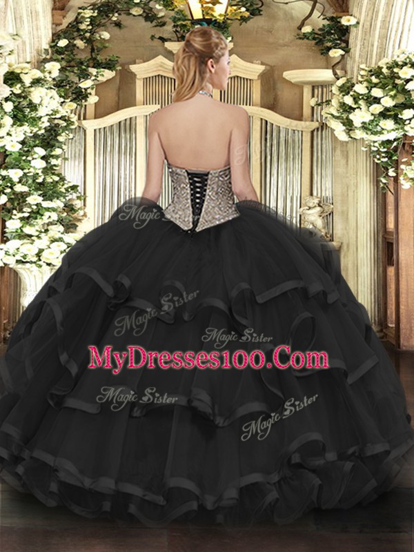 Sleeveless Organza Floor Length Lace Up Quinceanera Gown in Rose Pink with Beading and Ruffled Layers