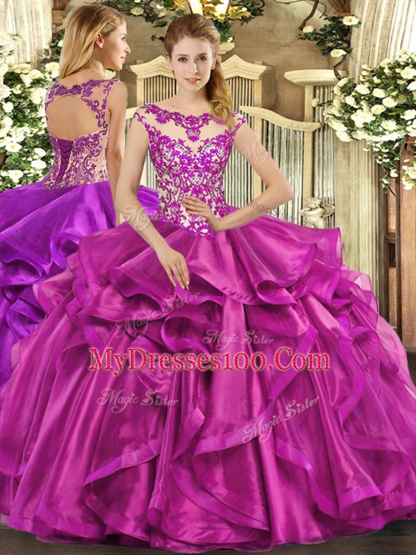 Fuchsia Scoop Neckline Beading and Appliques and Ruffles 15th Birthday Dress Sleeveless Lace Up