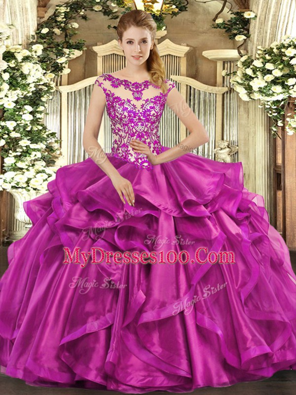 Fuchsia Scoop Neckline Beading and Appliques and Ruffles 15th Birthday Dress Sleeveless Lace Up