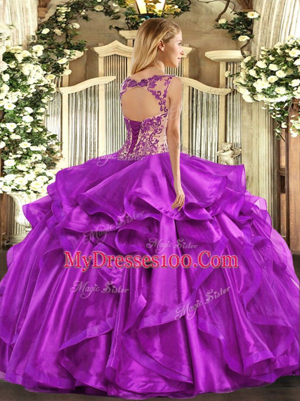 Fuchsia Scoop Neckline Beading and Appliques and Ruffles 15th Birthday Dress Sleeveless Lace Up