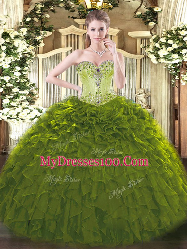 Olive Green Lace Up Sweetheart Beading and Ruffles Sweet 16 Dresses Organza Sleeveless