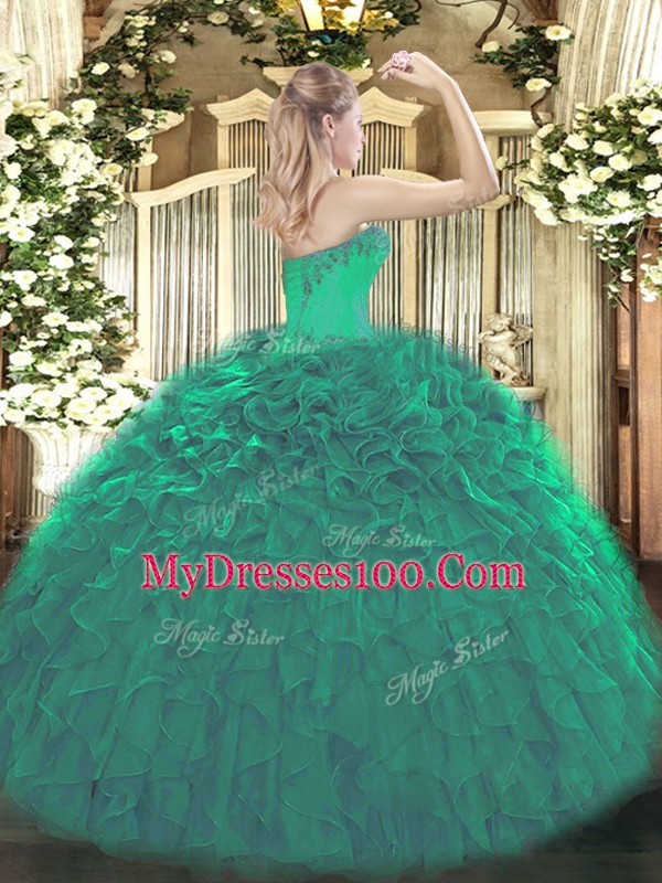 Olive Green Lace Up Sweetheart Beading and Ruffles Sweet 16 Dresses Organza Sleeveless
