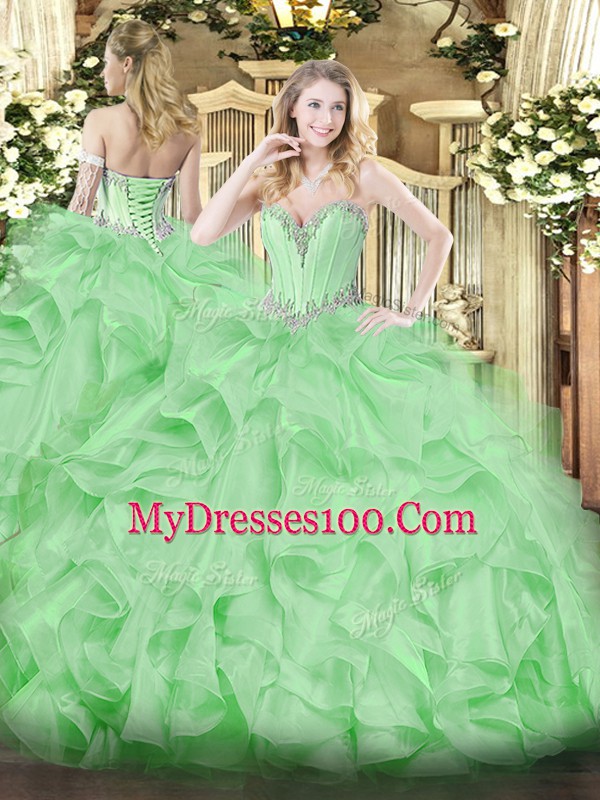 Customized Apple Green Lace Up 15 Quinceanera Dress Beading and Ruffles Sleeveless Floor Length
