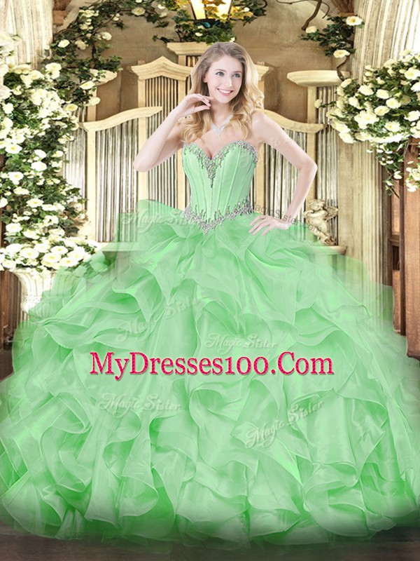 Customized Apple Green Lace Up 15 Quinceanera Dress Beading and Ruffles Sleeveless Floor Length
