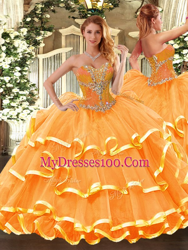 Unique Ball Gowns 15th Birthday Dress Orange Sweetheart Organza Sleeveless Floor Length Lace Up