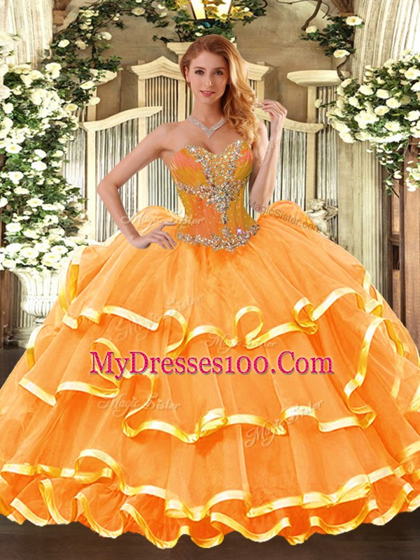 Unique Ball Gowns 15th Birthday Dress Orange Sweetheart Organza Sleeveless Floor Length Lace Up