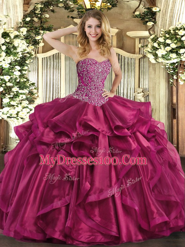 Excellent Sweetheart Sleeveless Organza Quinceanera Gowns Beading and Ruffles Lace Up