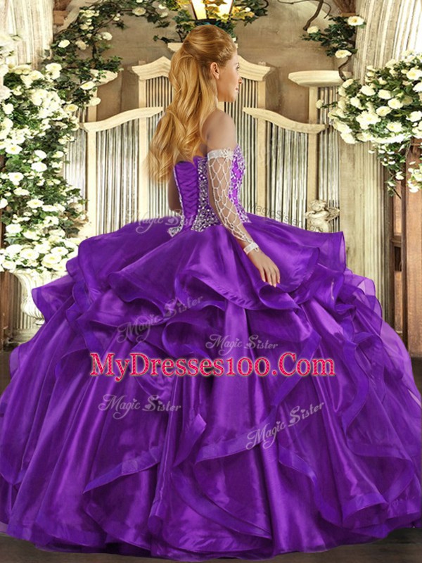 Excellent Sweetheart Sleeveless Organza Quinceanera Gowns Beading and Ruffles Lace Up