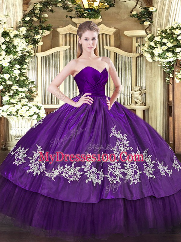 Hot Sale Purple Quinceanera Gowns Military Ball and Sweet 16 and Quinceanera with Embroidery Sweetheart Sleeveless Zipper