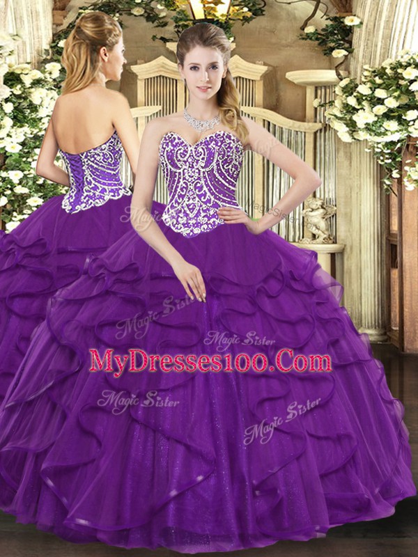 Sweet Purple Tulle Lace Up Sweet 16 Dress Sleeveless Floor Length Beading and Ruffles