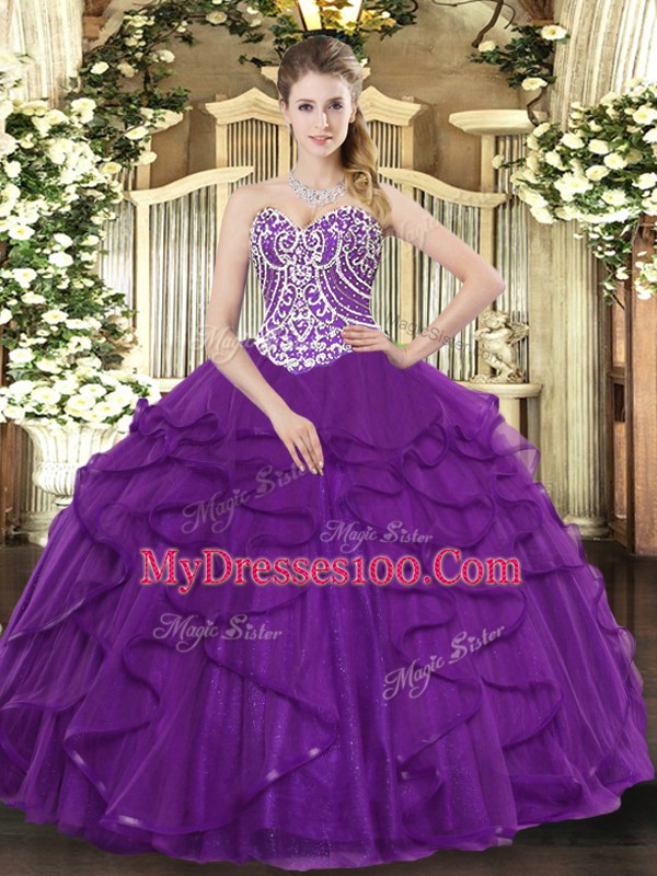 Sweet Purple Tulle Lace Up Sweet 16 Dress Sleeveless Floor Length Beading and Ruffles