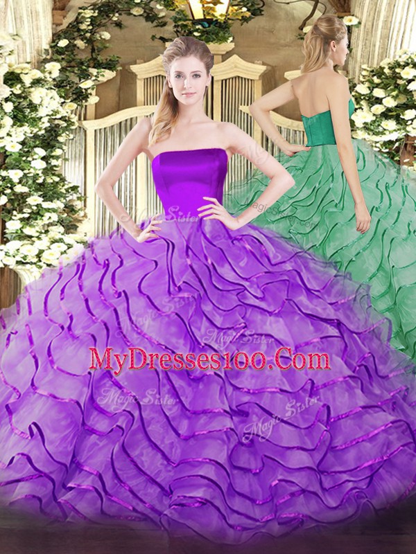 Ideal Sleeveless Tulle Brush Train Zipper Quinceanera Gowns in Eggplant Purple with Ruffles