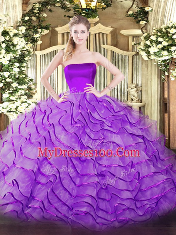 Ideal Sleeveless Tulle Brush Train Zipper Quinceanera Gowns in Eggplant Purple with Ruffles