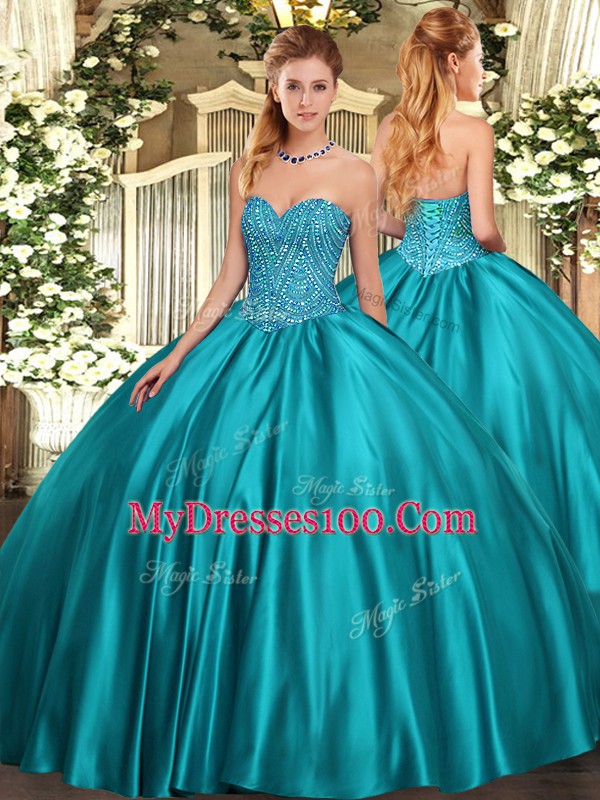 Sweetheart Sleeveless Sweet 16 Quinceanera Dress Floor Length Beading Teal Satin