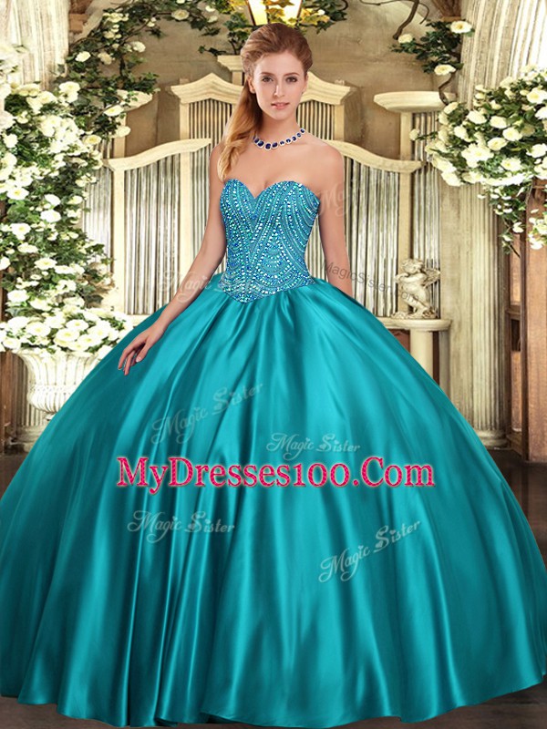 Sweetheart Sleeveless Sweet 16 Quinceanera Dress Floor Length Beading Teal Satin