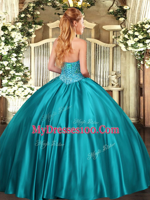 Sweetheart Sleeveless Sweet 16 Quinceanera Dress Floor Length Beading Teal Satin