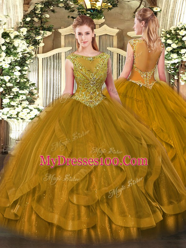 Brown Sleeveless Floor Length Beading Zipper Sweet 16 Dress