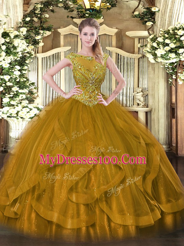 Brown Sleeveless Floor Length Beading Zipper Sweet 16 Dress