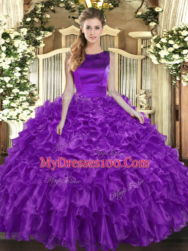 On Sale Floor Length Ball Gowns Sleeveless Eggplant Purple Quince Ball Gowns Lace Up