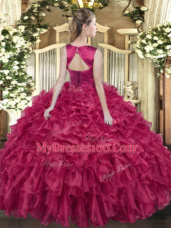 On Sale Floor Length Ball Gowns Sleeveless Eggplant Purple Quince Ball Gowns Lace Up