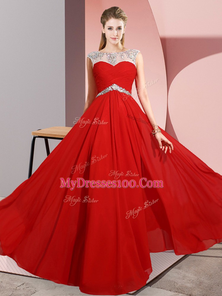 Low Price Red Empire Chiffon Scoop Sleeveless Beading Floor Length Clasp Handle Prom Party Dress