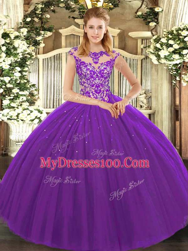 Low Price Eggplant Purple Ball Gowns Tulle Scoop Sleeveless Beading and Appliques Floor Length Lace Up Quinceanera Gown