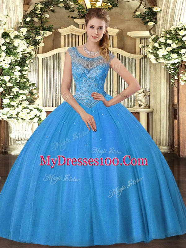 Scoop Sleeveless Lace Up Sweet 16 Dress Baby Blue Tulle