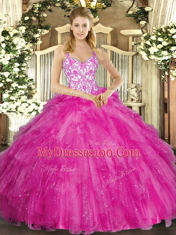 Amazing Floor Length Fuchsia 15 Quinceanera Dress Tulle Sleeveless Appliques and Ruffles